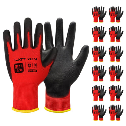 Safety Work Gloves PU Coated, 12 Pairs Seamless Knit Gloves with Polyurethane Coating Working Gloves Excellent Grip for Men & Women, Breathable, Ideal for General Duty Work DIY (Red, X-Large)
