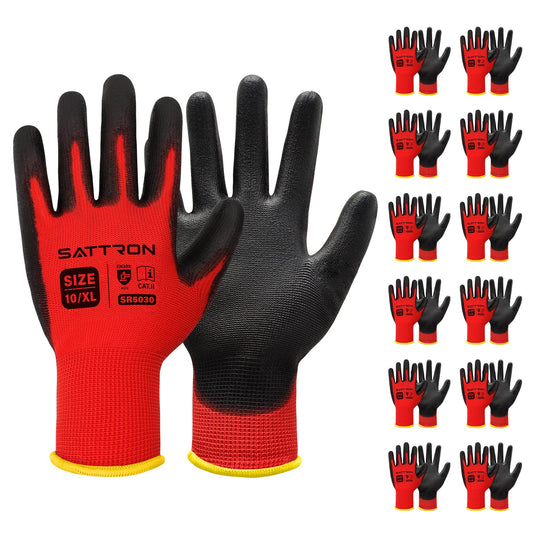 Safety Work Gloves PU Coated, 12 Pairs Seamless Knit Gloves with Polyurethane Coating Working Gloves Excellent Grip for Men & Women, Breathable, Ideal for General Duty Work DIY (Red, X-Large)