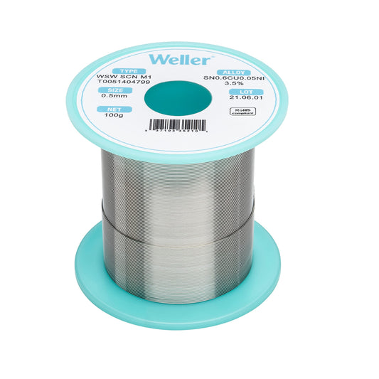 Weller WSW SCN M1 (T0051404799) Solder Wire, Dia: 0.5 mm / 0.020 in, Wt: 100 g / 3.527 oz, Alloy Sn99.3Cu0.6Ni0.05, Flux Content 3.5%