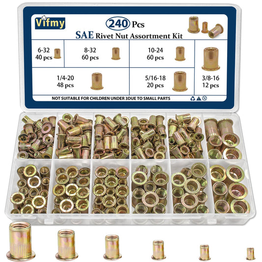 Vifmy SAE Rivet Nut Assortment Kit(240Pcs),#6-32#8-32#10-24 1/4"-20 5/16"-18 3/8"-16 UNC Rivnut Threaded Insert Nut Set,Zinc Plated Finish Carbon Steel Nutsert