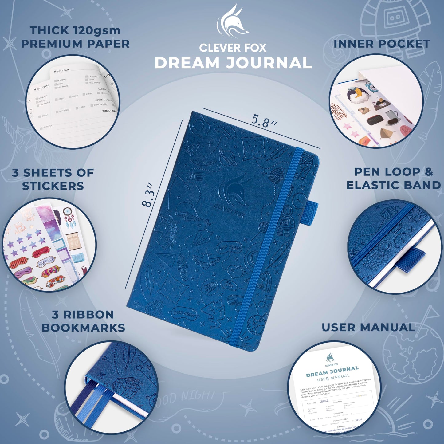 Clever Fox Dream Journal – Guided Dream Diary for Women, Men & Kids – Hardcover Dream Notebook – Log Book for Dream Journaling (Mystic Blue)