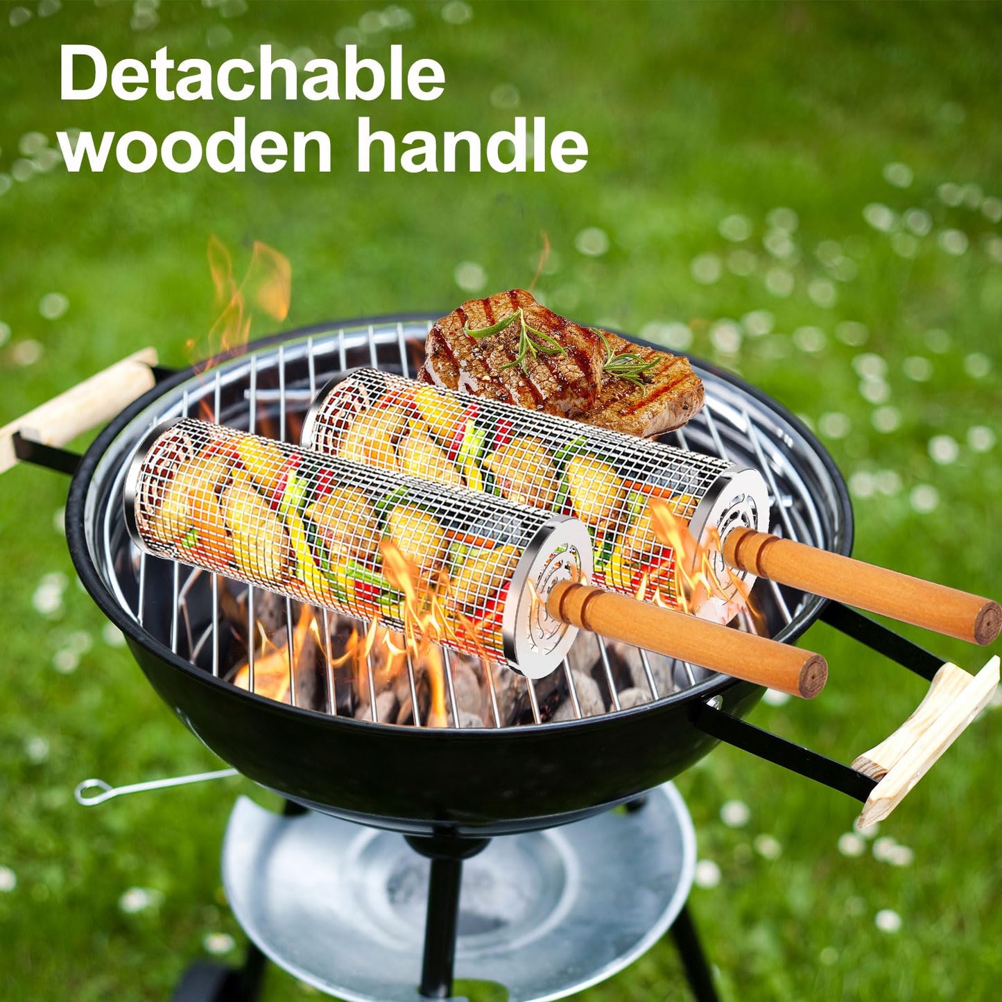 2PCS Nesting Grill Baskets with Removable Wooden Handles(11.8" x 3.9"), 304 Stainless Steel, Rolling Barbecue Grill Mesh for Vegetables and Shrimp, BBQ Accessory Gifts for Men Dad Boyfriend, BBQ Net Tube