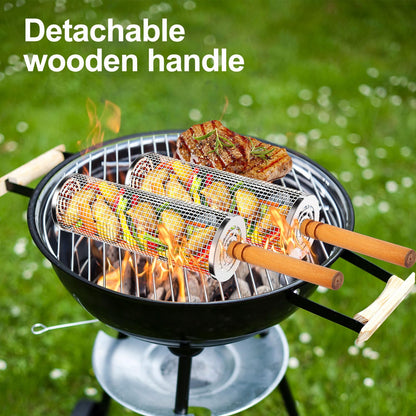 2PCS Nesting Grill Baskets with Removable Wooden Handles(11.8" x 3.9"), 304 Stainless Steel, Rolling Barbecue Grill Mesh for Vegetables and Shrimp, BBQ Accessory Gifts for Men Dad Boyfriend, BBQ Net Tube