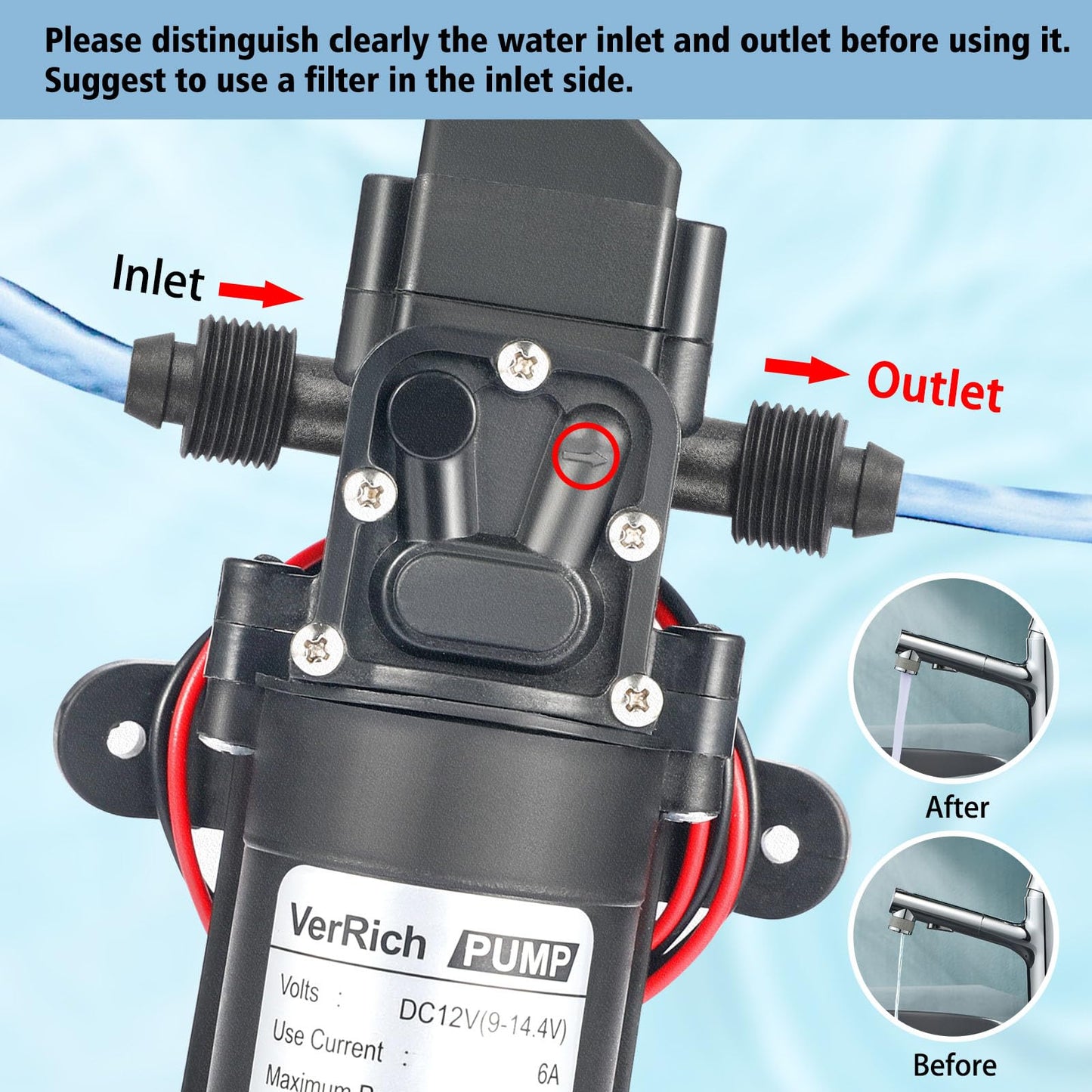 VerRich 12V Water Pump 70W 6A Diaphragm Pump Intelligent Self Priming Sprayer Pump 6 L/Min 0.9MPA 131 PSI for RV Camper Marine Boat Garden