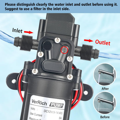 VerRich 12V Water Pump 70W 6A Diaphragm Pump Intelligent Self Priming Sprayer Pump 6 L/Min 0.9MPA 131 PSI for RV Camper Marine Boat Garden