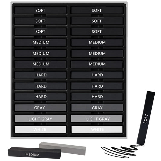 Dlicoda 24 Pcs Compressed Charcoal Sticks with Soft, Medium, Hard and White Charcoal, Square Vine Charcoal Stick Kit for Drawing, Sketching and Shading, Art Supplies for Artists Beginners