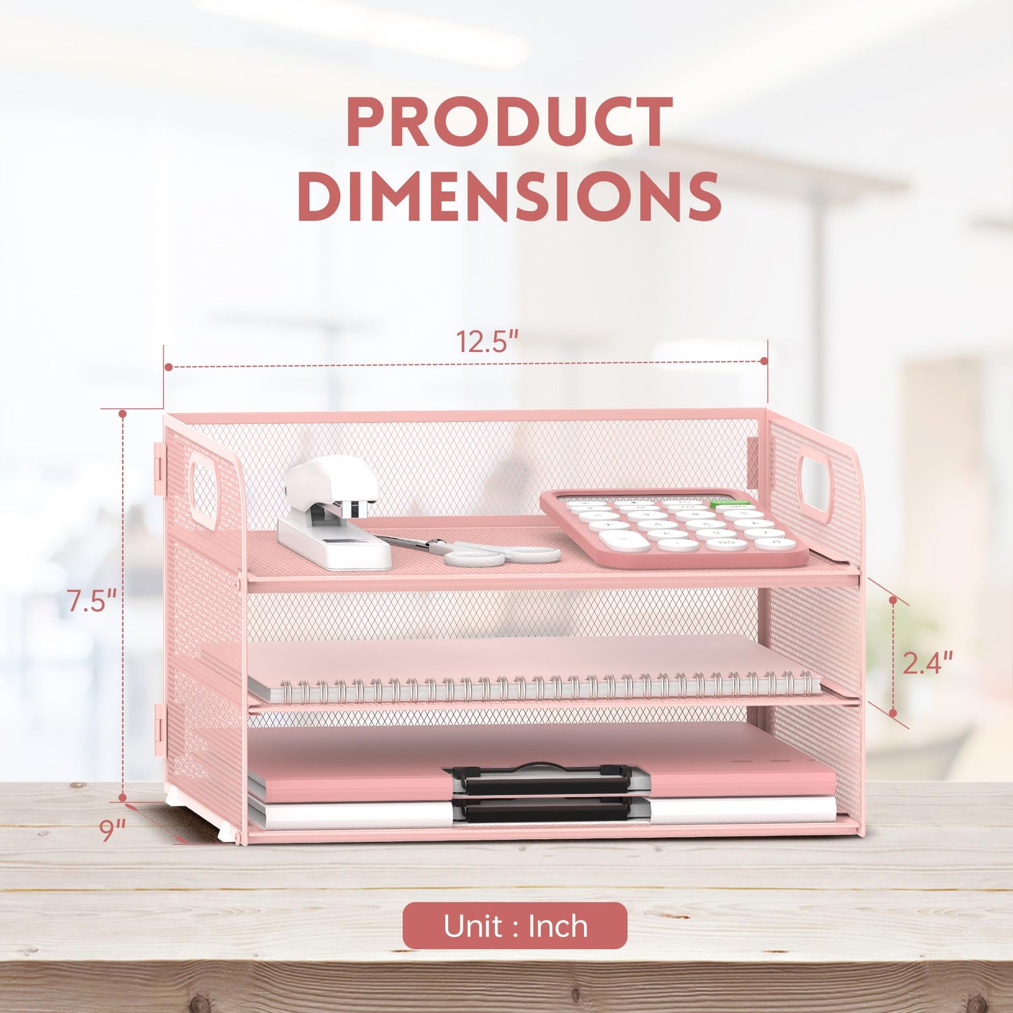 Supeasy 3 Tier Paper Organizer with Handle, Mesh Desk Organizer Letter Tray, Paper Tray File Organizer for A4 File Folder, Pink