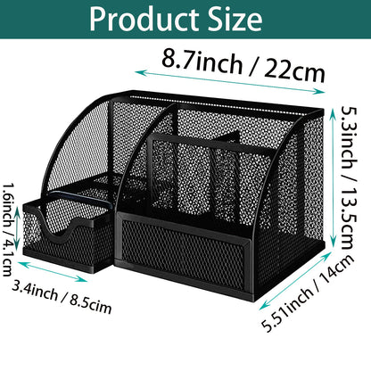 PYJLBX Desk Organizer, Pen Holder Desk Accessories, Metal Mesh Desk Organizers and Storage, Pencil Holder Desk Organizers Office Supplies Caddy Desk Storage with Draw for Home, Office, School (Black)