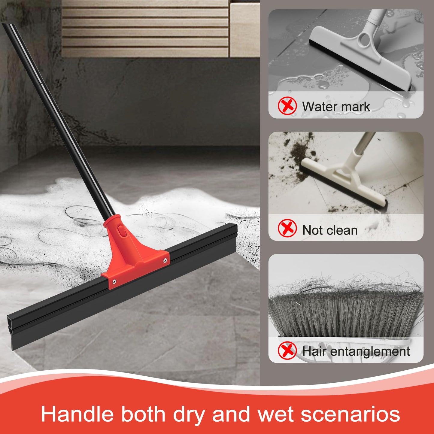 DALIPER Floor Squeegee with 18” Silicone Rubber Scraper Head and 58” Long Adjustable Handle, Heavy Duty Shower Squeegees for Concrete Floor, on Multi-Surface Tile Glass Pool Garage Cleaning