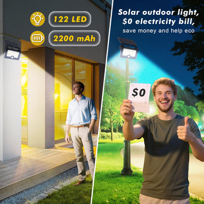 Solar Wall Lights Outdoor with Motion Sensor: Qoosea 122 LED Beads 3 Lighting Modes IP65 Waterproof 2200mAh Battery - Ideal Solar Lights for Yard Garage Patio & Garden Lighting