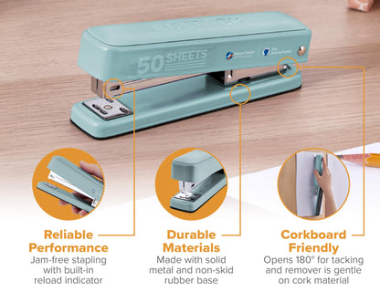 Bostitch Titan Heavy Duty Metal Stapler, 50 Sheet Capacity with 1250 Staples and Ergonomic Staple Remover, Jam Free Stapling, Full Strip Stapler for Desk, Office and Classroom, Sage