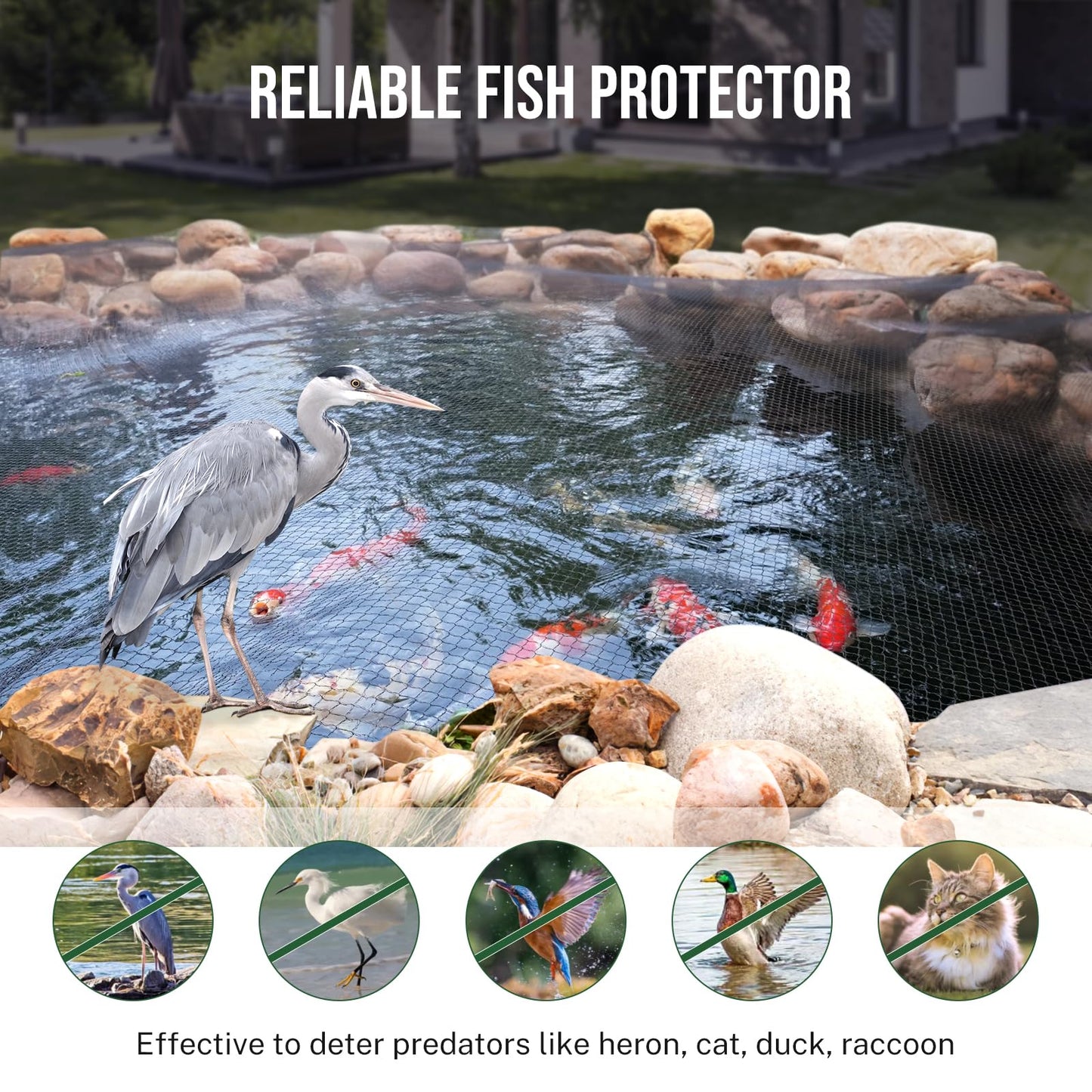 Pond Netting Cover for Leaves, 15 x 20 Koi Pond Net Cover, Durable & Sturdy Pond Netting for Koi Ponds, Protect Koi Fish Against Herons, Raccoons, Cats & Predators, 14pcs Stakes Included