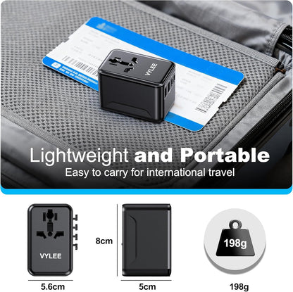 VYLEE Travel Adapter Worldwide, Universal Travel Plug Adapter with 2 USB C and 2 USB A, International Socket Adapter for USA, England, Japan, Maldives, Sri Lanka, Australia (Type A/C/D/G/I)