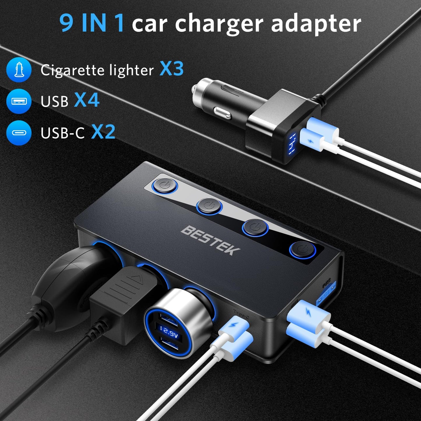BESTEK 180W Cigarette Lighter Splitter, 3-Socket Cigarette Lighter Adapter with PD 65W&18W and QC3.0 18W*4 Charging Ports, LED Voltage Display Super Fast Charger Adapter for 12V/24V Vehicles