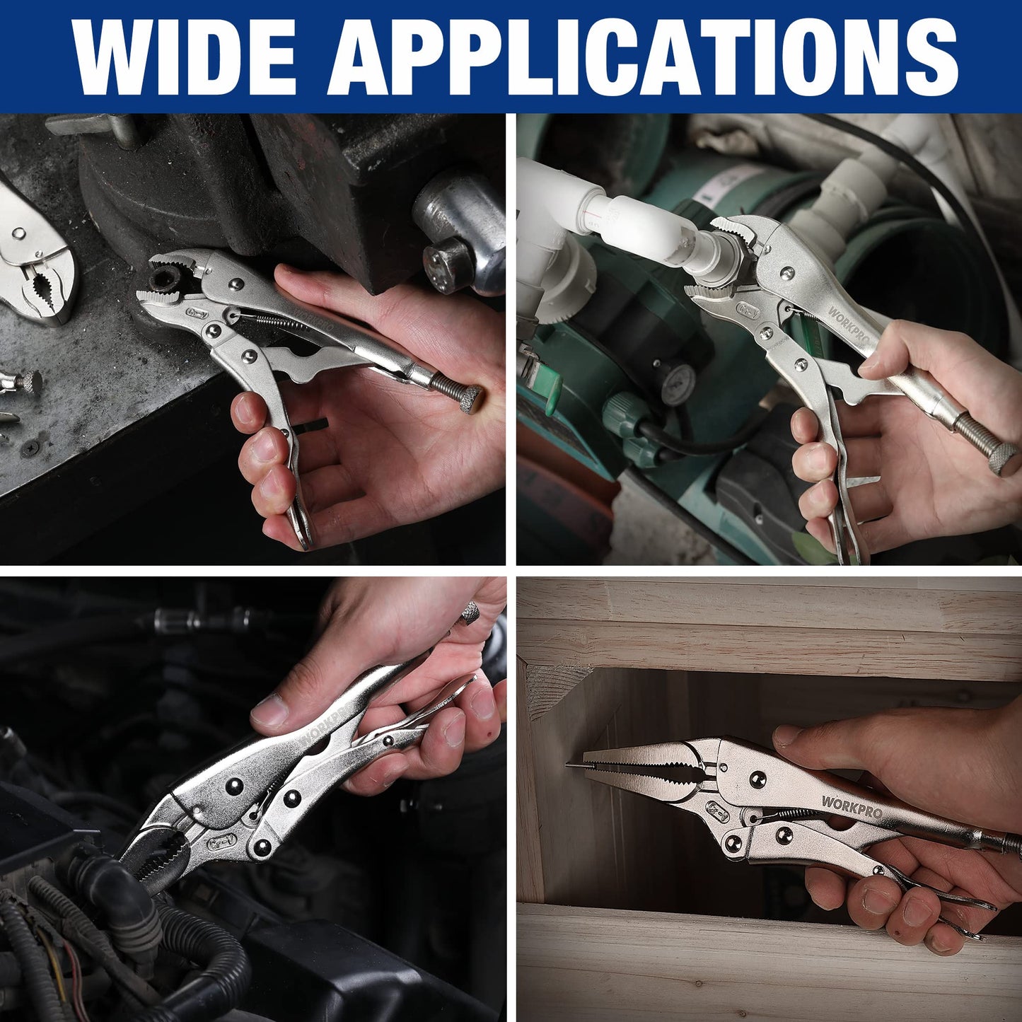 WORKPRO 5-Piece Locking Pliers Set, Pliers Tool Set, Vice Grips with Chrome-Vanadium Steel, 5/7/10 inch Curved Jaw Pliers, 6.5/9 inch Long Nose Pliers