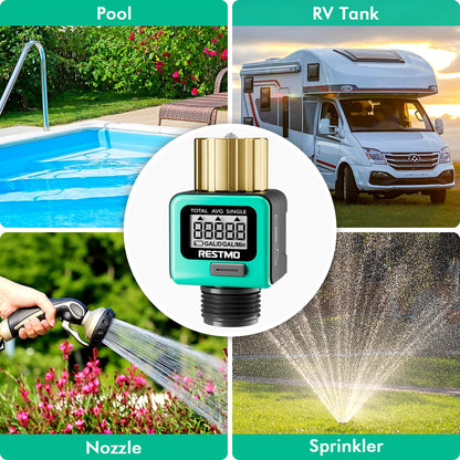 RESTMO Water Flow Meter with Brass Inlet Metal Thread, Measure Gallon/Liter Consumption and Flow Rate for Outdoor Garden Hose Watering, RV Water Tank Filling, Lawn Sprinkler and Nozzle Sprayer