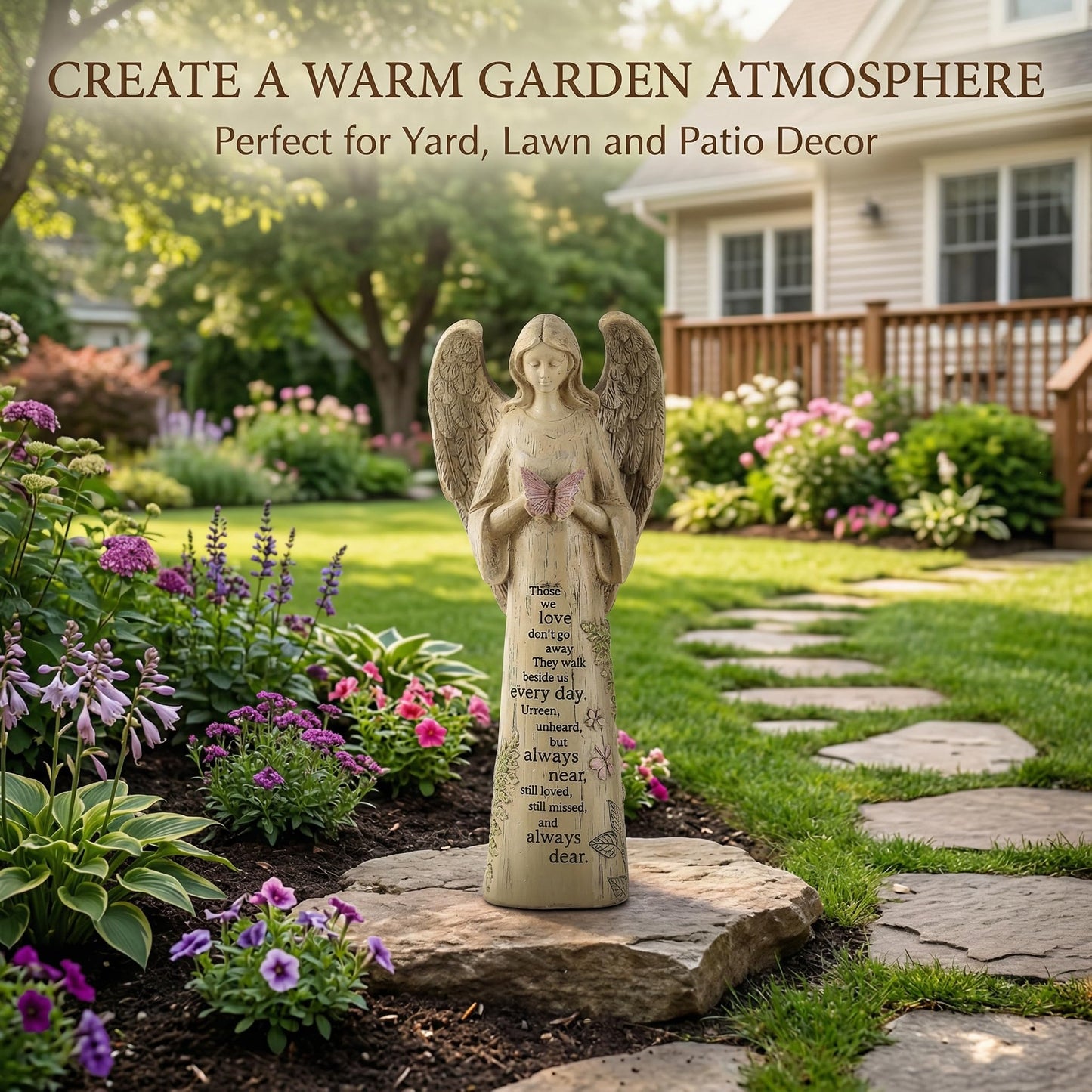 Resin Religious Garden Statue Standing Angel with Butterfly Statuary for Outdoor Decor, Polyresin, Antique Stone,10in