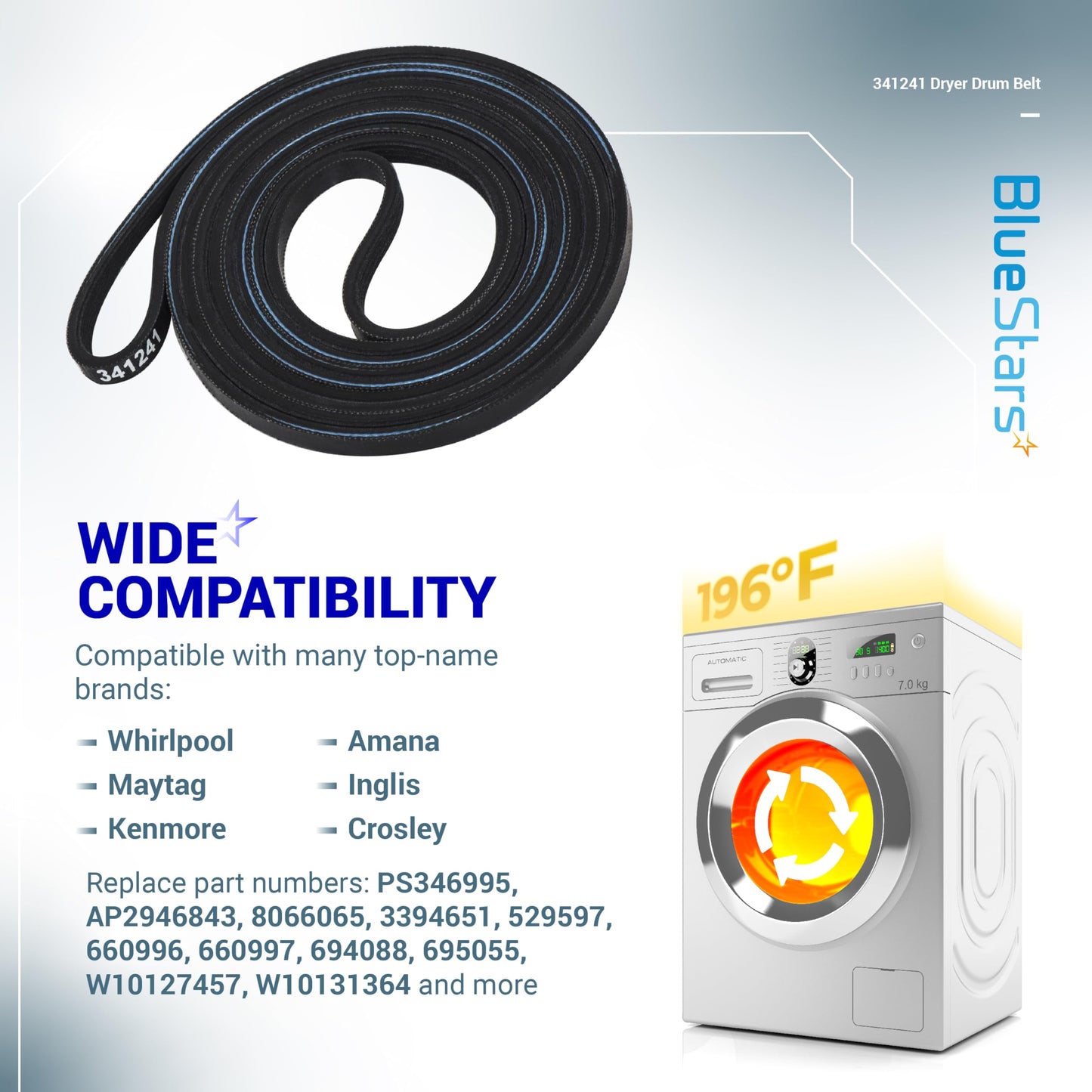 Ultra Durable 341241 Dryer Drum Belt Replacement Part by BlueStars - for Whirlpool Kenmore Dryers - Replaces 8066065 AP2946843 W10127457 PS346995 14210003 31531589 31001026 3394651 529597 - Pack of 2
