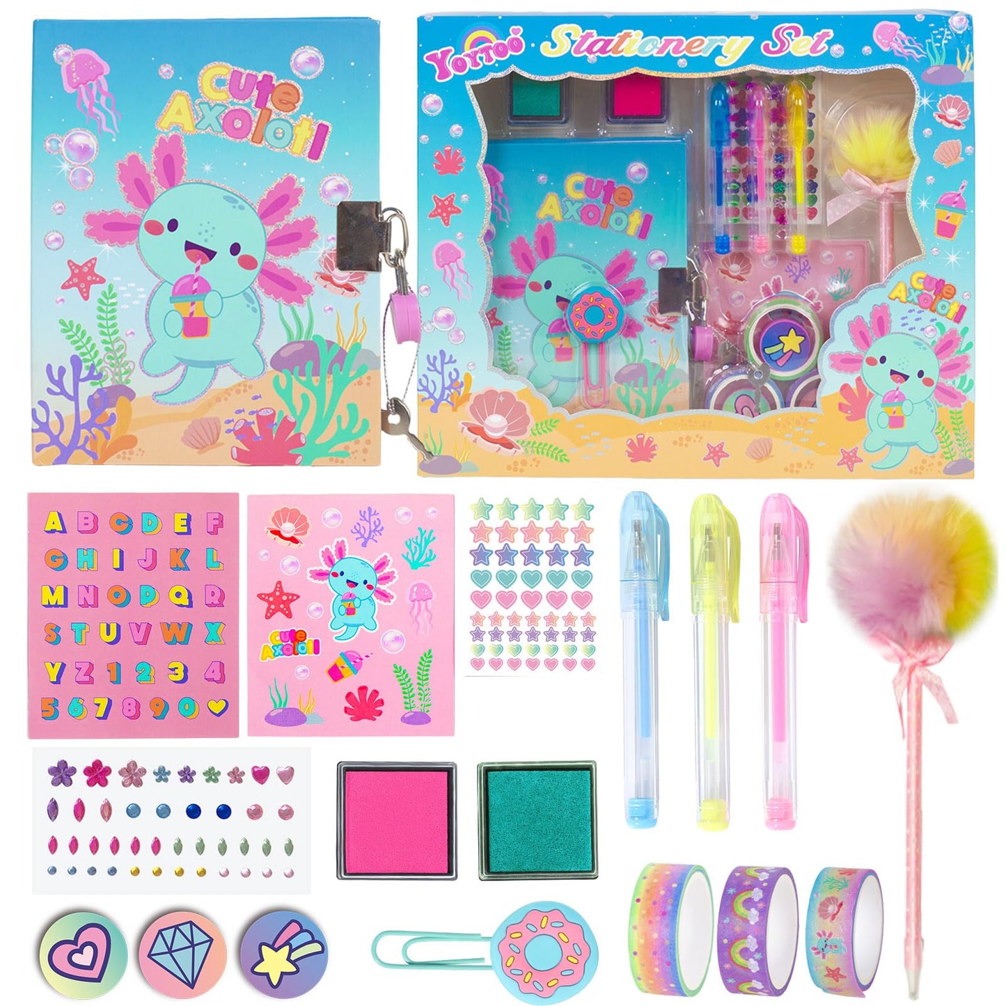 Axolotl Diary for Girls with Lock, Axolotl Stationery Set with Secret Diary, Stamps, Pens, Axolotl Journal Notebook Birthday Gifts for Little Girls Age 5 6 7 8 9 10-12