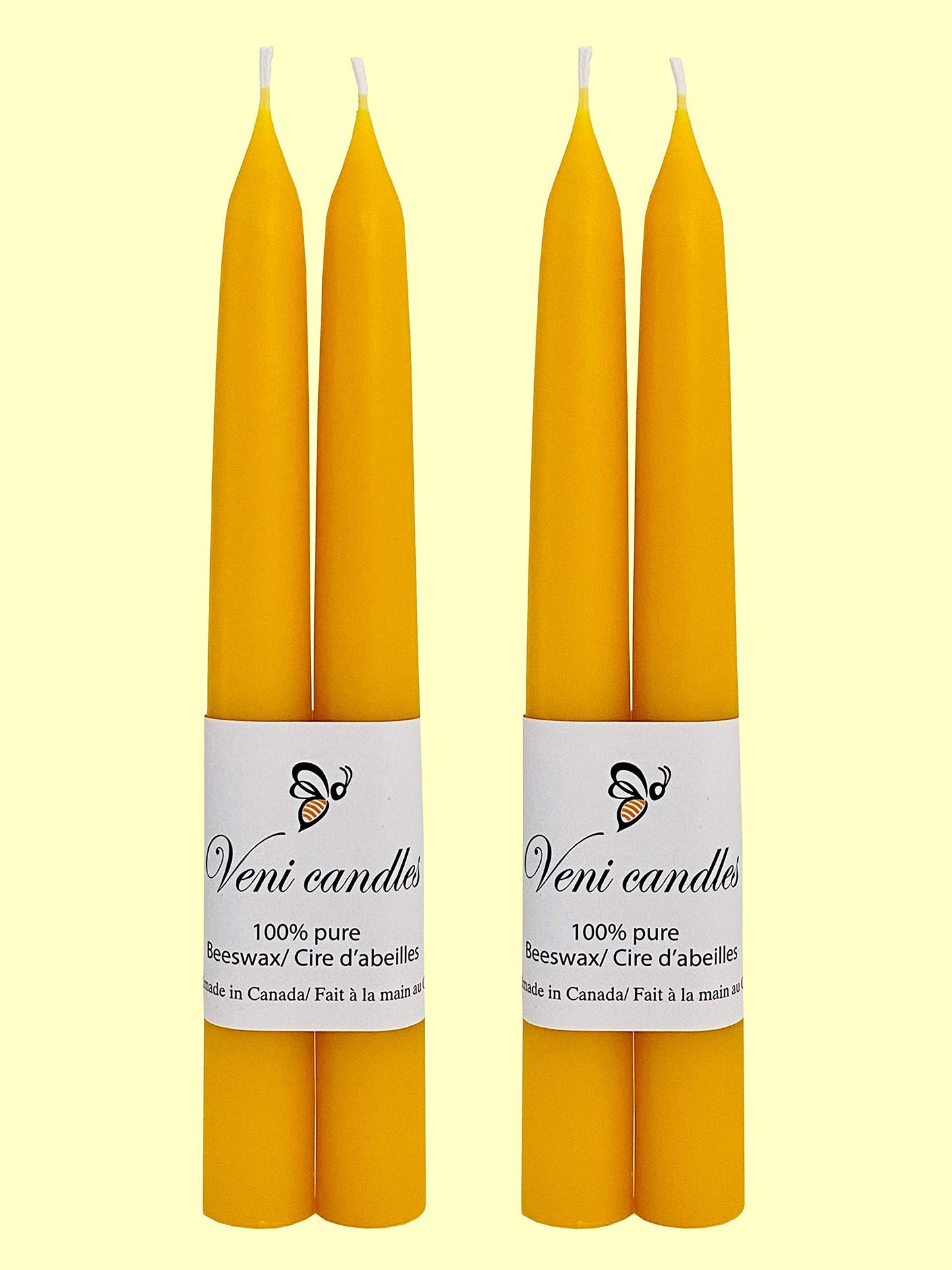 100% Pure Canadian Beeswax Taper Candles (7/8” x 8"), Two Pairs (4 Candles)