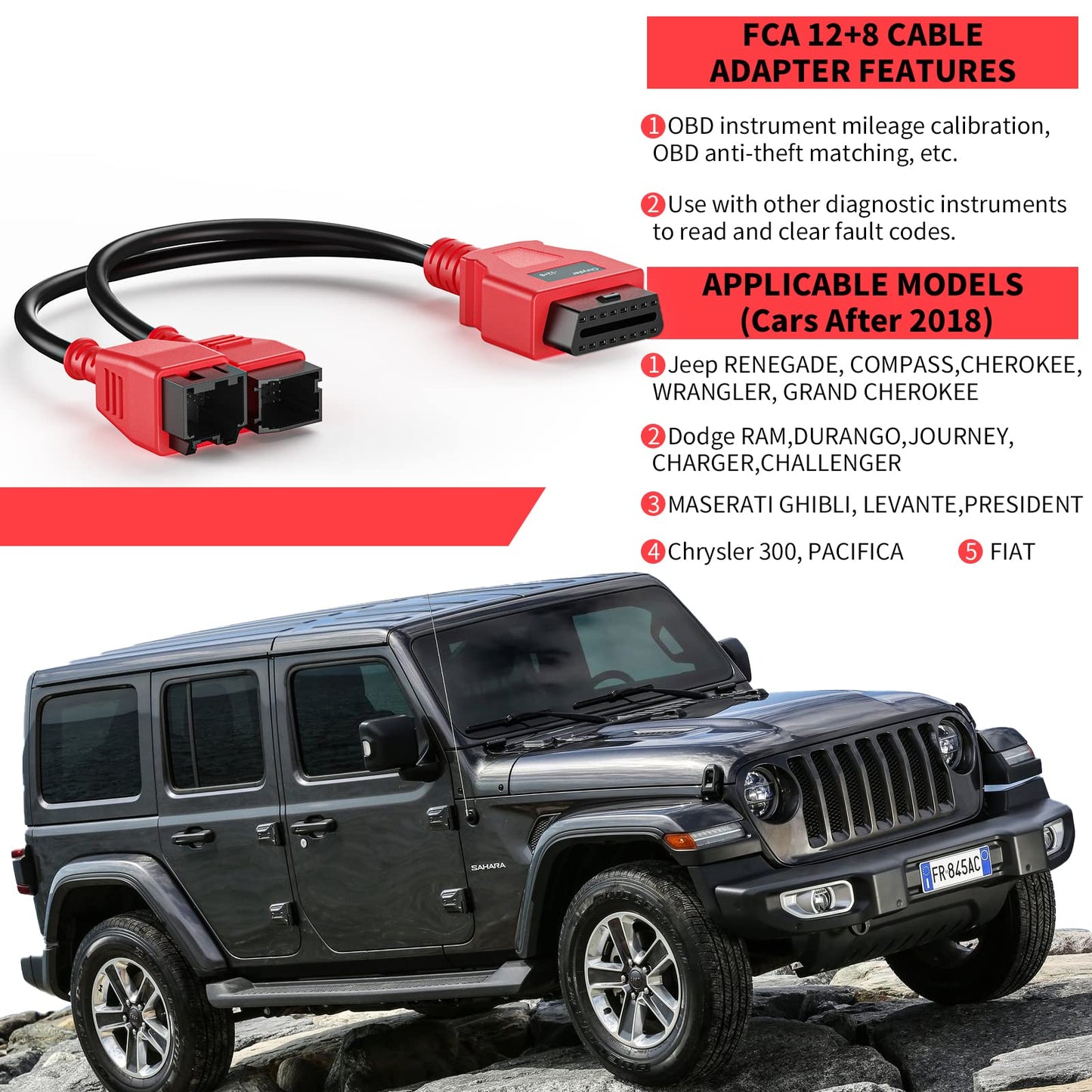 VXSCAN FCA 12+8 Cable Adapter for Chrysler 12+8 Programming Cable Connector, Autel OBD2 Adapter Security Bypass Cable for Autel Maxisys MS905 MS906 MS906BT MS906S MS908 MS908S Pro