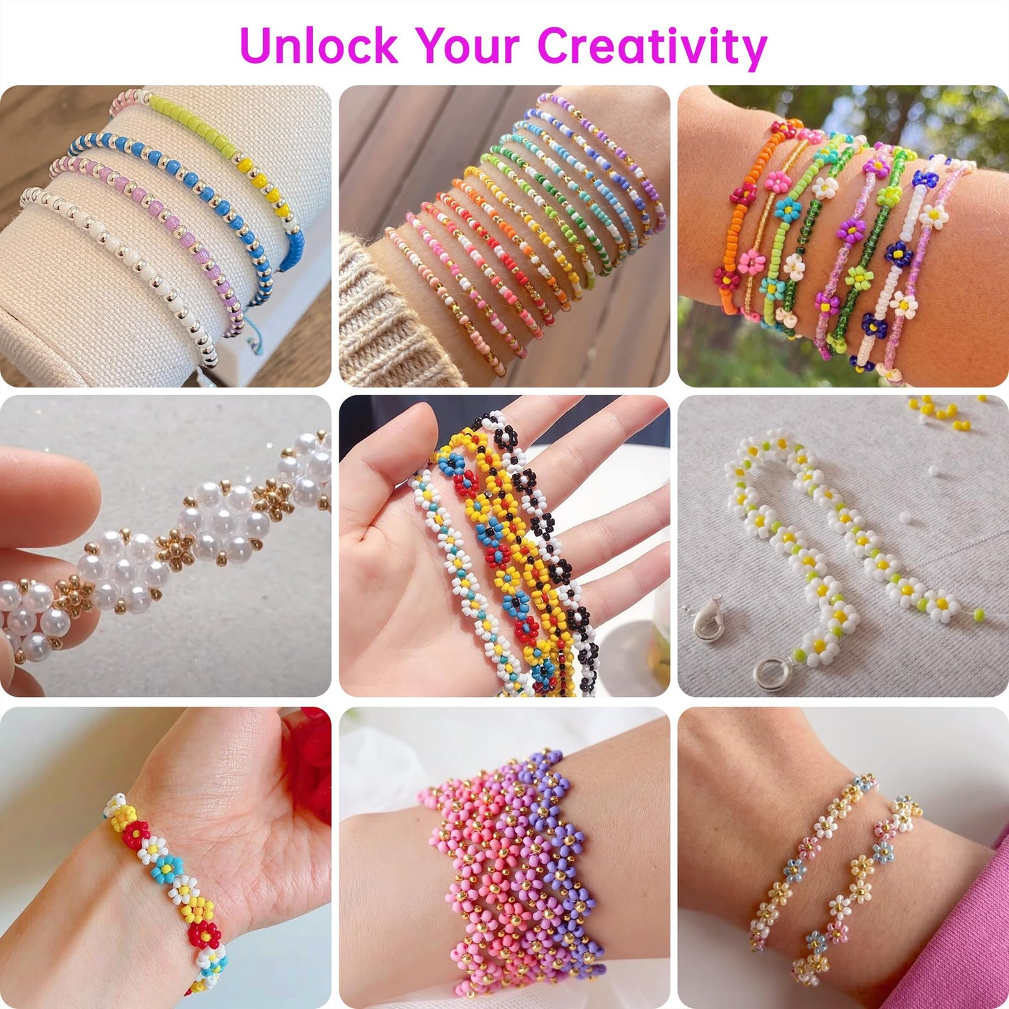 Redtwo 45000 Pcs 3mm Glass Seed Beads Kit, 7 Boxes 144 Colors Small Beads for Bracelets, Friendship Bracelet Kit with Charms and Letters, DIY Art Craft Girls Gifts