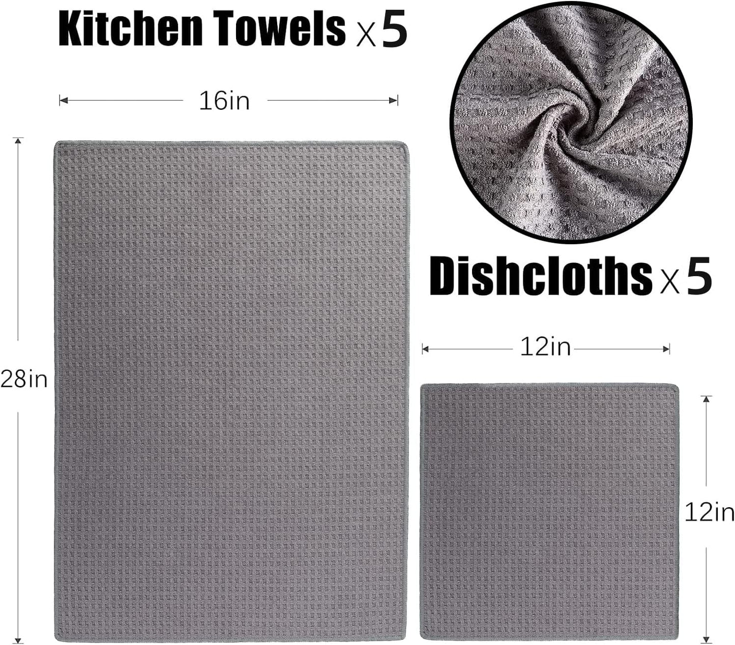 Vnoss Waffle Weave Microfiber Kitchen Towels and Dishcloths Set, 26 X 18 Inch and 12 X 12 Inch, Set of 10 Gray Lint Free Dish Towels for Drying Dishes