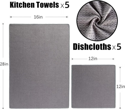 Vnoss Waffle Weave Microfiber Kitchen Towels and Dishcloths Set, 26 X 18 Inch and 12 X 12 Inch, Set of 10 Gray Lint Free Dish Towels for Drying Dishes