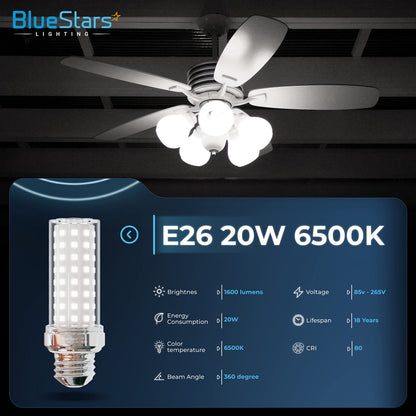 BlueStars 4 Packs E26 LED Corn Light Bulbs 20W Super Bright, 150W Led Corn Cob Light, 6500K Daylight White, 1600 lumens, Non-dimmable for Home Garage Warehouse Commercial & Large Area Lighting