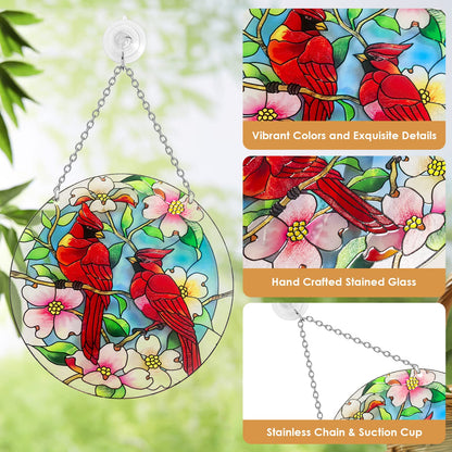 Cardinal Stained Glass Window Hanging - Cardinal Gifts for Women, Red Birds Suncatchers for Windows, American Glass Hanging Ornament, Hand Painted Glass for Birds Lover, Window