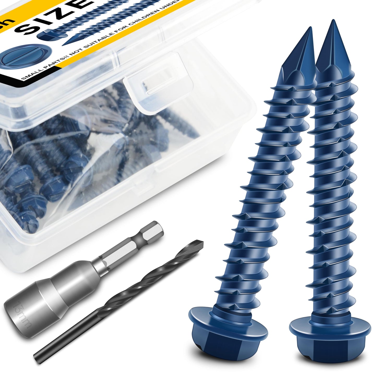 Mywish 100Pcs 1/4 x 1-1/4" Concrete Screws, Slotted Hex Washer Head Masonry Screws Anchor Kit with 3/16 Drill Bit, Stucco Screws, Self Tapping Screws for Anchoring to Masonry, Block or Brick Stucco