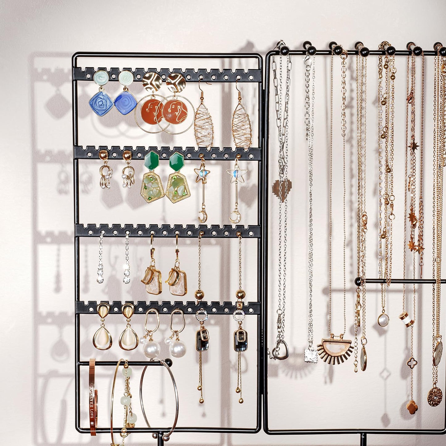 ProCase Earring Holder Necklace Organizer Jewelry Stand, 144 Holes Jewellery Organizers Earring Display Storage Rack with Removable Wooden Ring Tray for Bracelets Rings, Gifts for Women Girls -Black