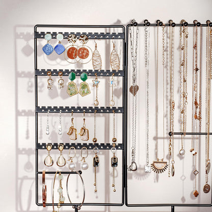 ProCase Earring Holder Necklace Organizer Jewelry Stand, 144 Holes Jewellery Organizers Earring Display Storage Rack with Removable Wooden Ring Tray for Bracelets Rings, Gifts for Women Girls -Black