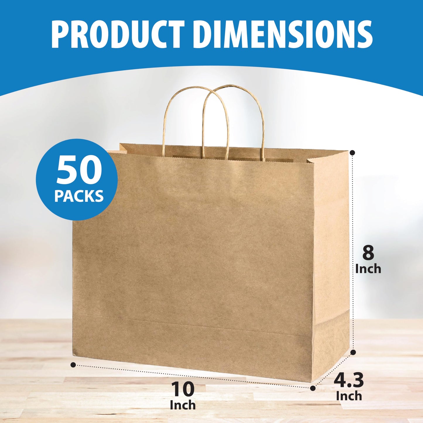 50 Pack Brown Kraft Paper Bags with Handles - 10x8x4.3 inches Paper Tote Bags for Grocery, Retail Stores, and Small Businesses - Gift Bags for Parties, Birthdays, Weddings