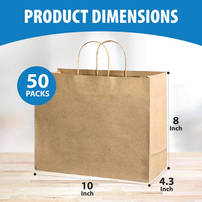 50 Pack Brown Kraft Paper Bags with Handles - 10x8x4.3 inches Paper Tote Bags for Grocery, Retail Stores, and Small Businesses - Gift Bags for Parties, Birthdays, Weddings