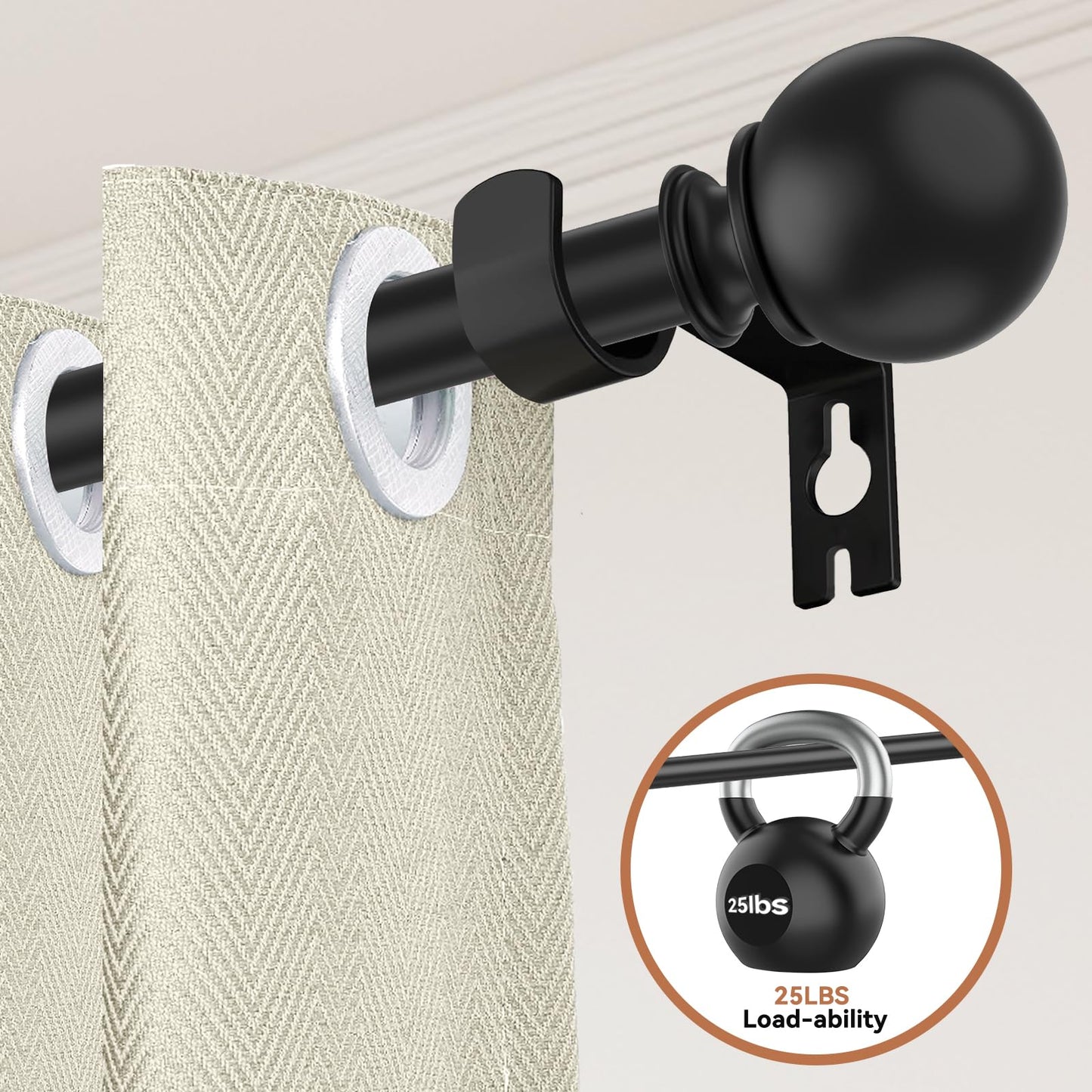 Poskena Curtain Rods for Windows 66 to 120” - 5.5 to 10 Feet - Black - Stainless Steel - Smooth Finish