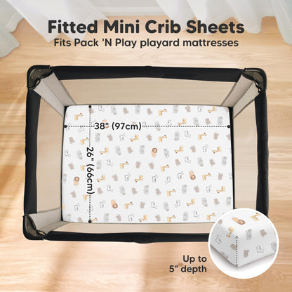 2-Pack Pack and Play Sheets, Waterproof Mini Crib Sheets Fitted - Organic Cotton Pack N Play Sheets for Graco Pack and Play Mattress, Playard Baby Crib Sheets, Neutral for Boy,Girl,Toddler (KeaSafari)