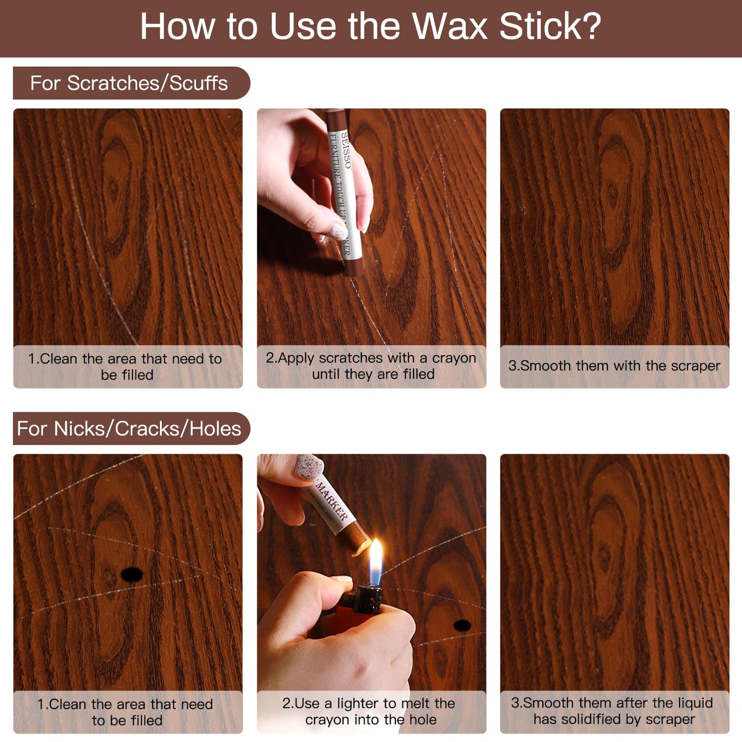 SEISSO Wood Filler Sticks, Furniture Wax Crayons for Scratches, 10 Pcs Wood Floor Repair Wax Filler Sticks, Touch Up Wax Sticks Repair Kit for Scratches, Holes, Floor, Laminate, Carpenters