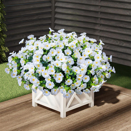 Artificial Flowers for Outdoors16 Bundles of UV-Resistant Silk Morning Glory with Eucalyptus-Realistic Faux Plants as Perfect Filler for Home Planter Porch & Garden Decor (White)