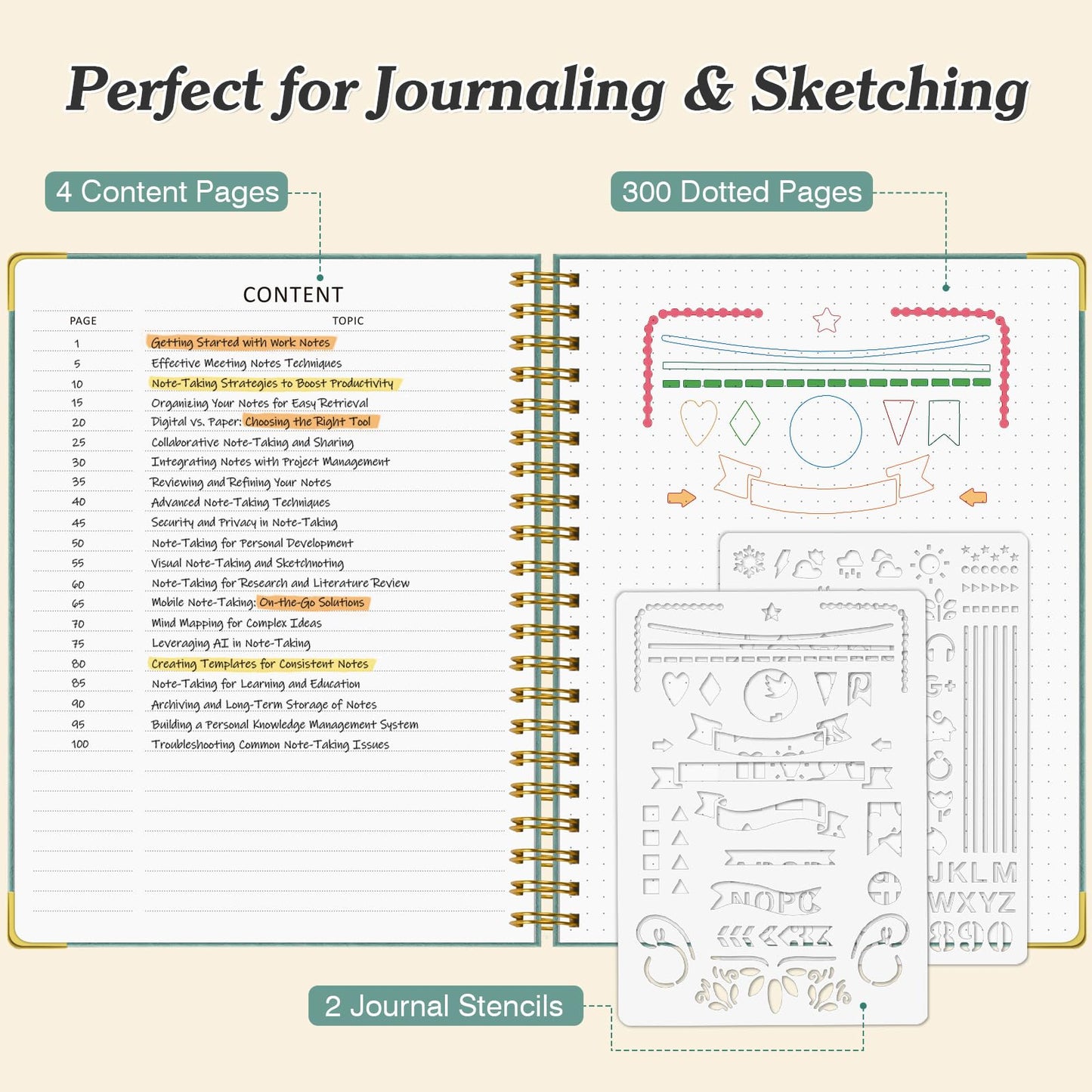 Dotted Journal Spiral Notebook, 300 Pages Leather Notebooks with Contens, 120 GSM Thick No Bleed Through Paper Journals, A5 Dot Grid Notebook for Women Men School Work Writing, 5.5" x 8", Black
