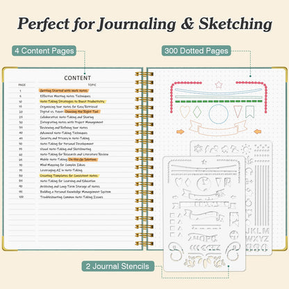 Dotted Journal Spiral Notebook, 300 Pages Leather Notebooks with Contens, 120 GSM Thick No Bleed Through Paper Journals, A5 Dot Grid Notebook for Women Men School Work Writing, 5.5" x 8", Black
