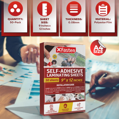 XFasten Self-Adhesive Laminating Sheets, 9 x 12 Inches (50-Pack), 4.76 Thickness Yellowing Resistant Seal Sealing Laminating Sheets Bulk, No Heat Self Laminating Sheets, Clear Sheets