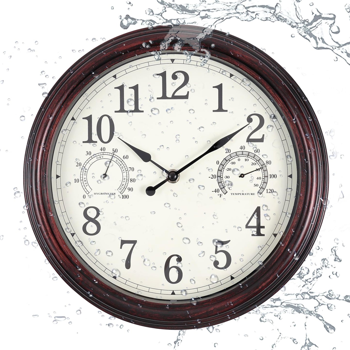 Vigorwise 12 inch Outdoor Wall Clock, Plastic Waterproof Wall Clock with Temperature & Humidity, Water Resistant Wall Clock, Silent Wall Clock for Patio Garden Bathroom, Dark Brown