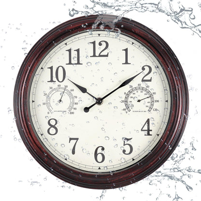 Vigorwise 12 inch Outdoor Wall Clock, Plastic Waterproof Wall Clock with Temperature & Humidity, Water Resistant Wall Clock, Silent Wall Clock for Patio Garden Bathroom, Dark Brown
