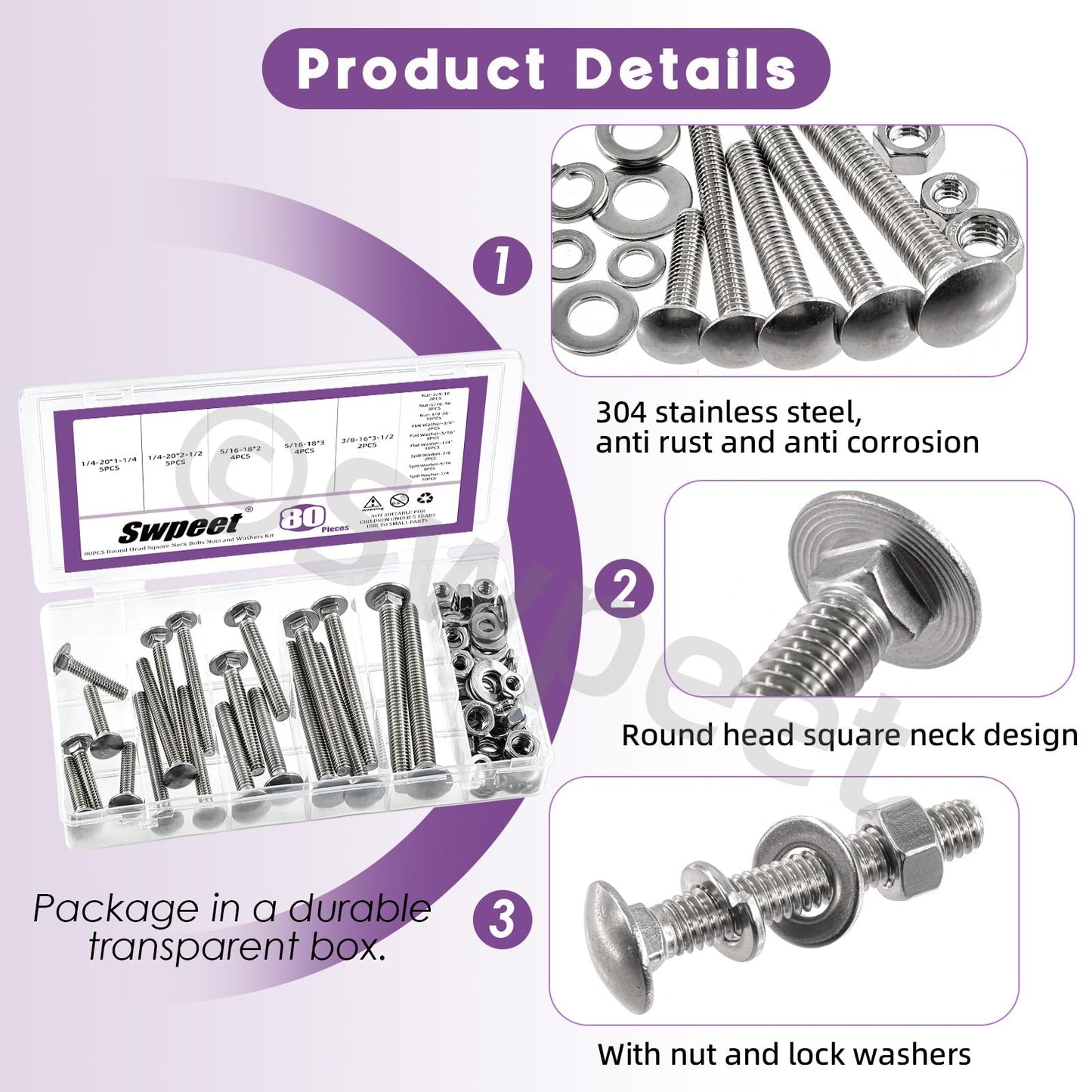 Swpeet 80Pcs 5 Sizes 1/4", 5/16", 3/8", Carriage Bolts Screws Nut Washer Assortment Kit, 304 Stainless Steel Round Head Square Neck Screws, Full Thread Carriage Bolts, Hex Nuts, Flat/Lock Washers