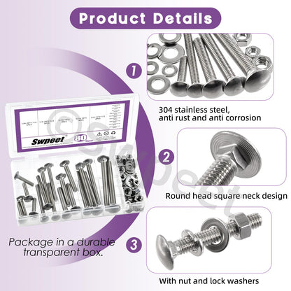 Swpeet 80Pcs 5 Sizes 1/4", 5/16", 3/8", Carriage Bolts Screws Nut Washer Assortment Kit, 304 Stainless Steel Round Head Square Neck Screws, Full Thread Carriage Bolts, Hex Nuts, Flat/Lock Washers