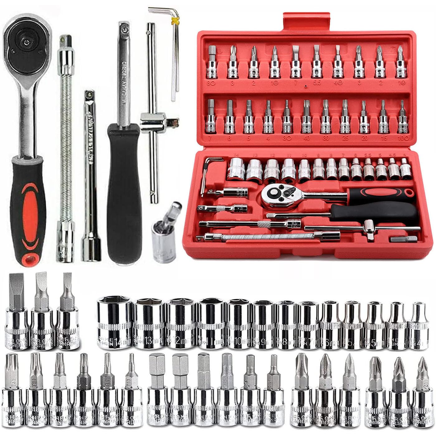 YWHWLX 46 Pieces 1/4 in. Drive Ratchet Socket Wrench Set with Storage Case, Includes Metric Bit Sockets and Extension Bar for Car Repair and Home Maintenance
