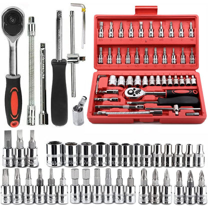YWHWLX 46 Pieces 1/4 in. Drive Ratchet Socket Wrench Set with Storage Case, Includes Metric Bit Sockets and Extension Bar for Car Repair and Home Maintenance
