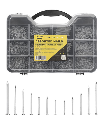 Mr. Pen Nail Assortment Kit, 1500 Pcs, Assorted 12 Sizes Brad Head and Flat Head Zinc-Galvanized Nails, Suitable for General Repairs and Hanging Pictures