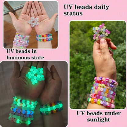 SJZWSD 5 Boxes Bracelet Making Kit Pony Beads, 6x9mm Kandi Rave Beads & Hair Beads Set with UV Color Changing, Glow-in-Dark, Chrome & Alphabet Letters for Friendship Jewelry DIY Crafts